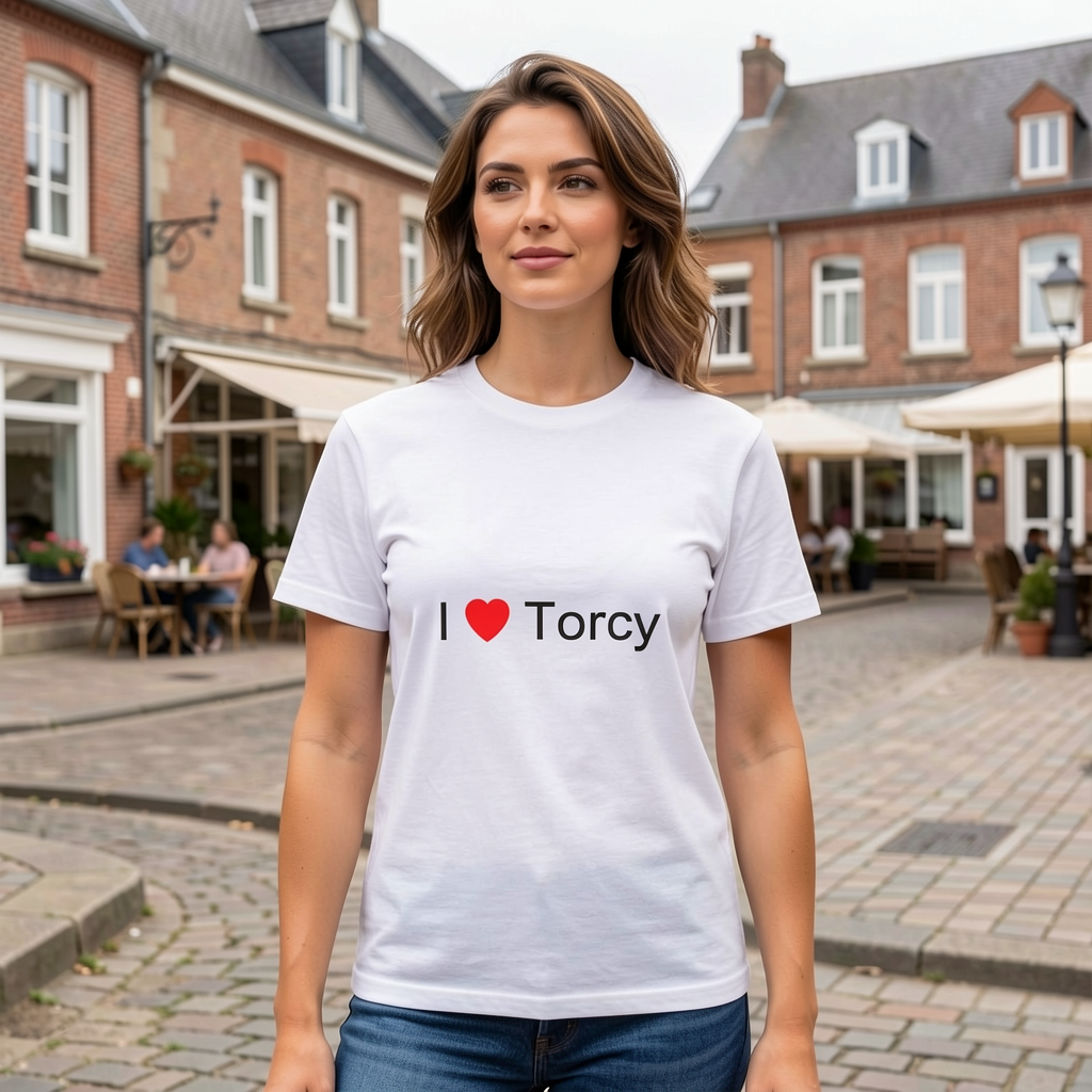 Photo portée du T-shirt I love torcy en décor Torcy