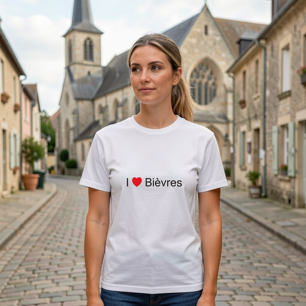Photo portée du T-shirt I love bièvres en décor Bièvres