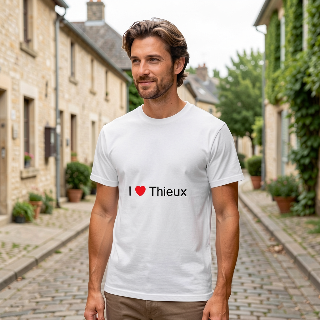 Photo portée du T-shirt I love thieux en décor Thieux