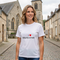 Photo portée du T-shirt I love montcornet en décor Montcornet