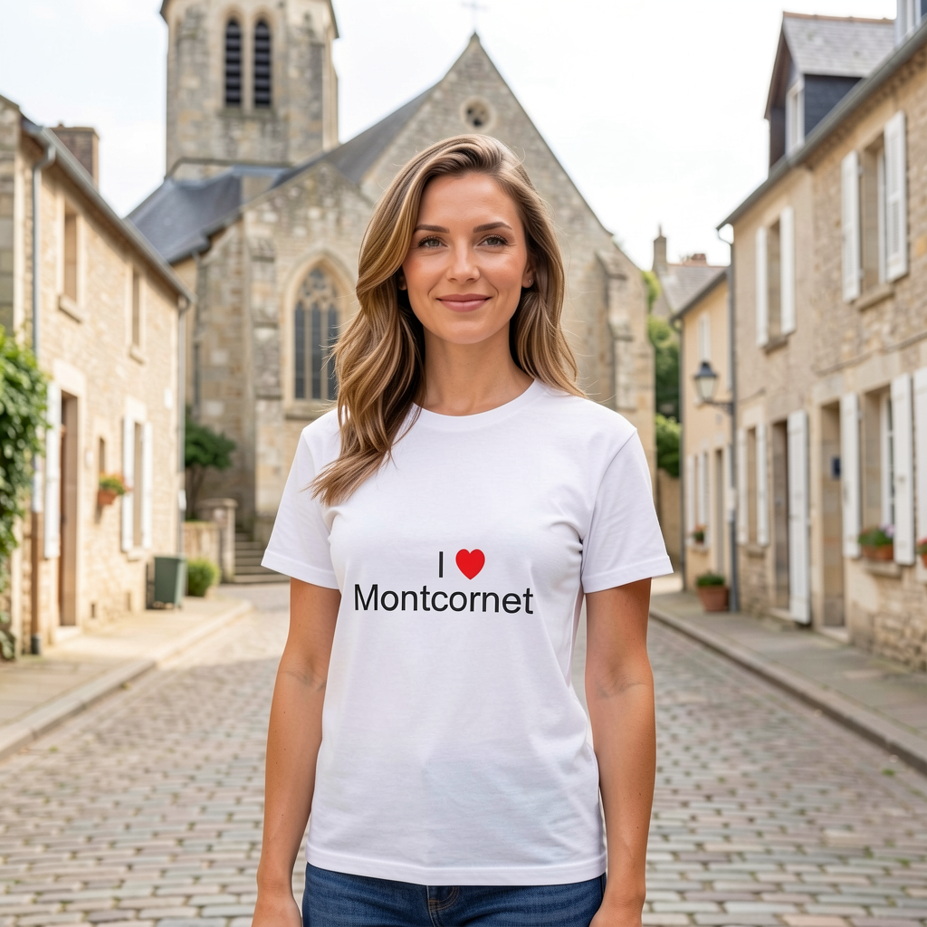 Photo portée du T-shirt I love montcornet en décor Montcornet